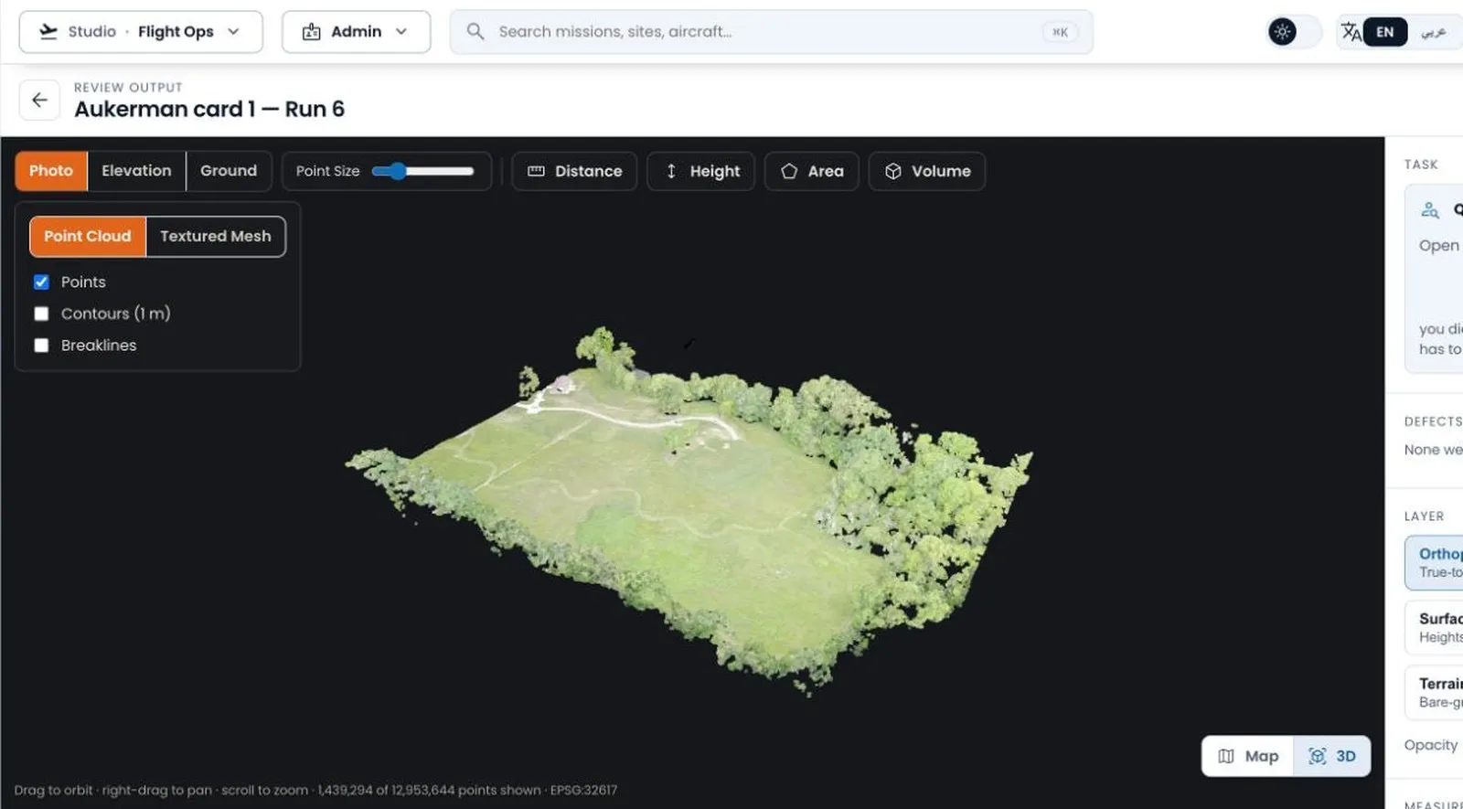 AirFathom 3D point cloud of a survey site, with distance, height, area and volume tools