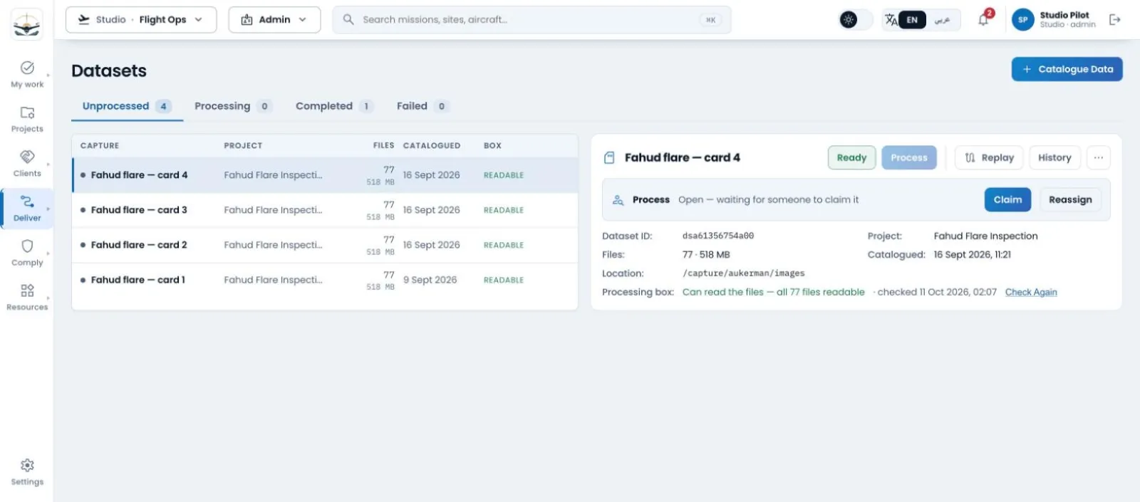AirFathom datasets list with processing status