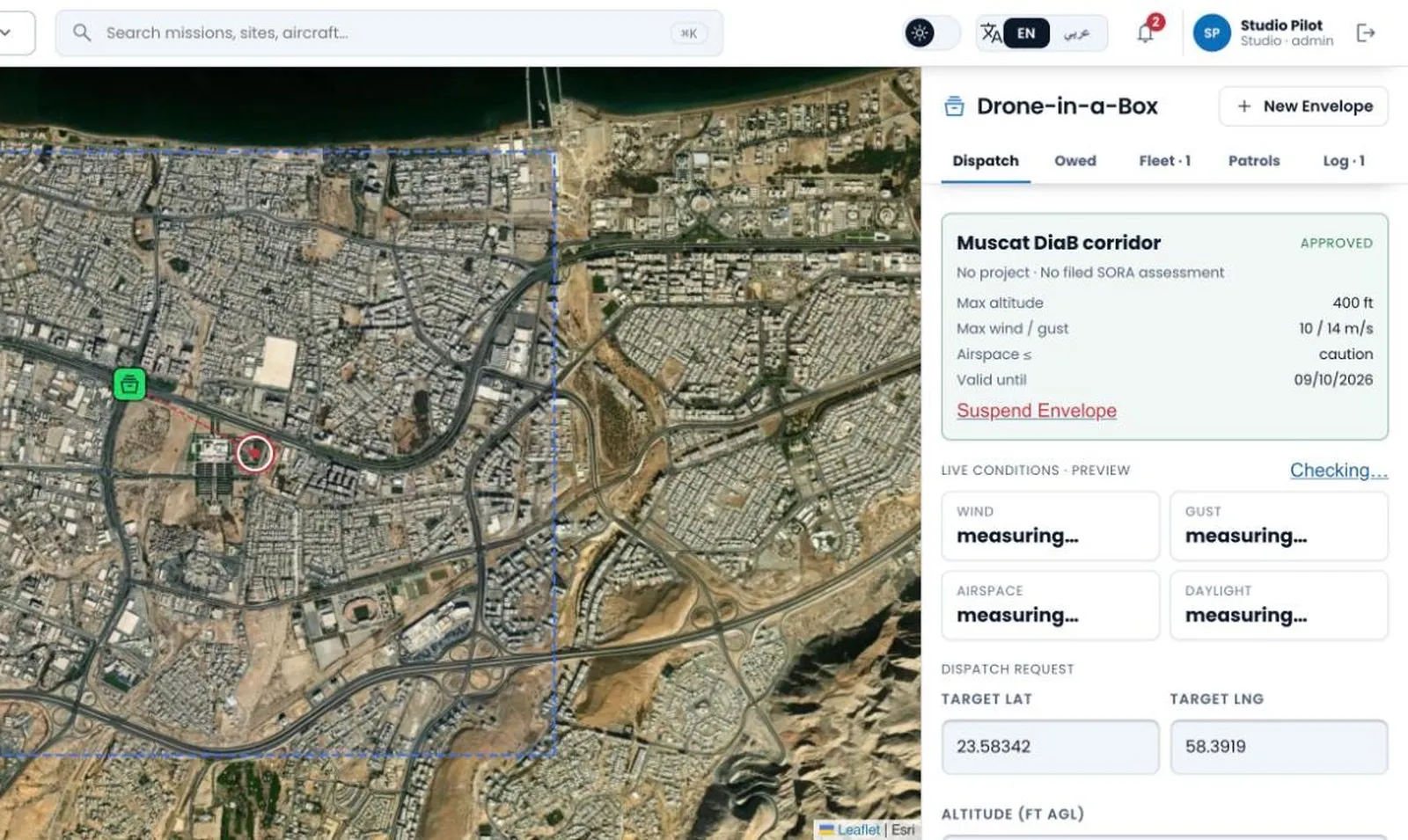 AirFathom Drone-in-a-Box dispatch screen with an approved corridor on satellite imagery and live condition checks