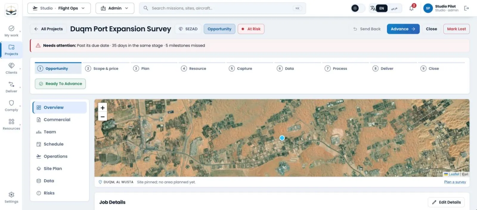 AirFathom project record with stage tabs and a satellite map of the survey area