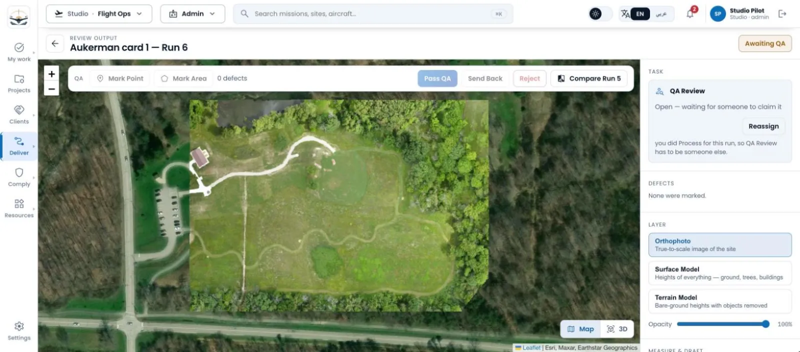 AirFathom orthophoto QA view of a park with review panel